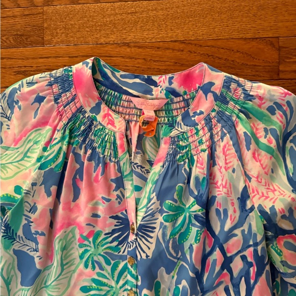 LILLY PULITZER ELSA Silk Top Long Sleeve Blouse JET STREAM Size XS - Picture 4 of 5
